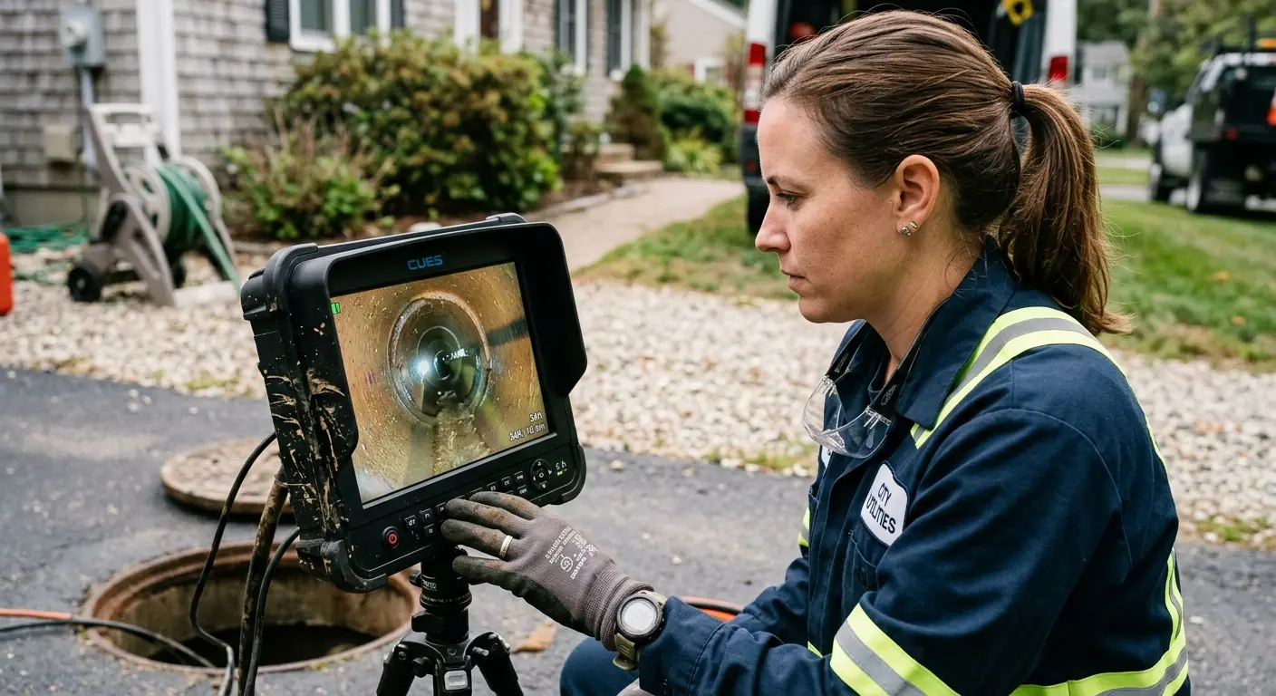 Technician reviewing sewer camera inspection footage in San Leandro