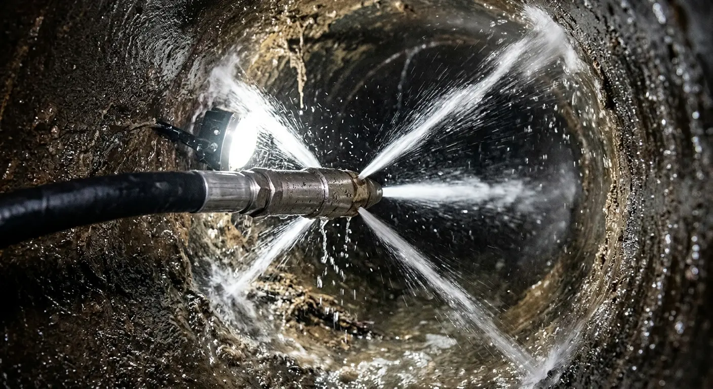 High-pressure hydro jetting nozzle cleaning sewer pipe for Sewer Cleanout in San Leandro