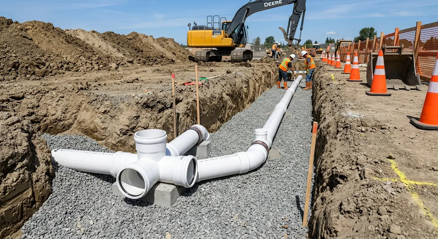 New PVC sewer pipe installation in open trench for Sewer Camera Inspection in San Leandro