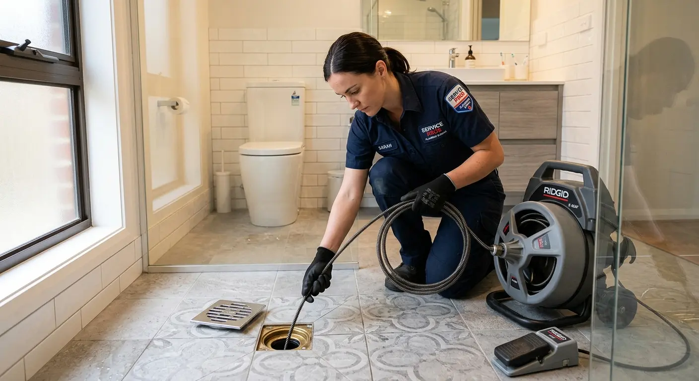 Technician clearing a bathroom floor drain for Sewer Line Replacement in San Leandro